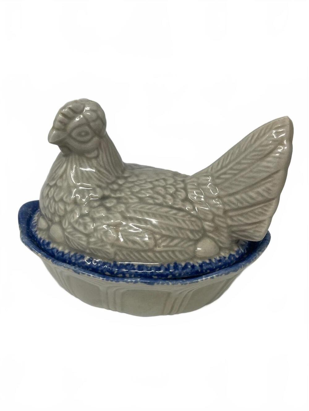 Vintage Hen Nest Covered Dish Ceramic Chicken Egg Keeper Blue Sponge Trim